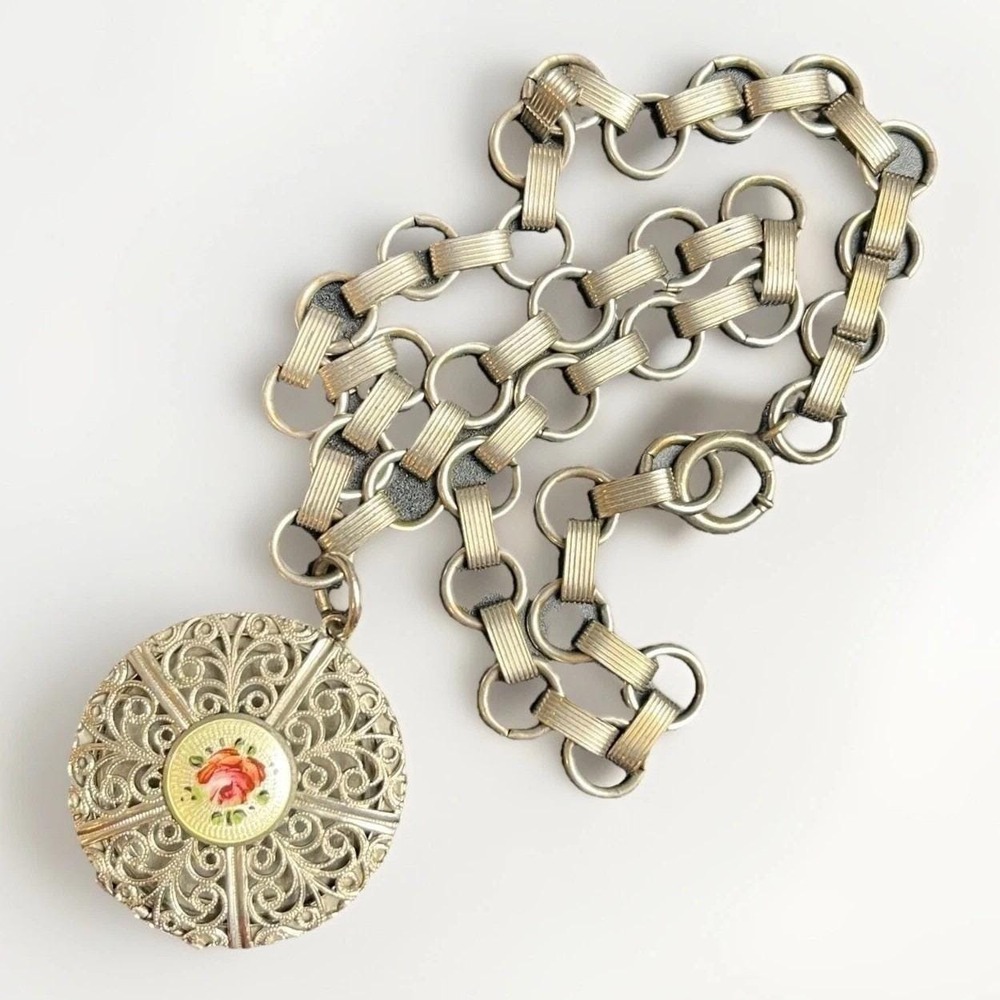 Antique Guilloché Enamel Vinaigrette Locket Necklace | Book Chain Art Deco Style